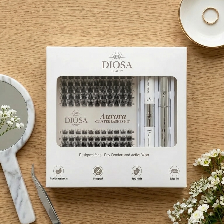 DIOSA eyelash packaging on a wooden surface with flowers and tools.